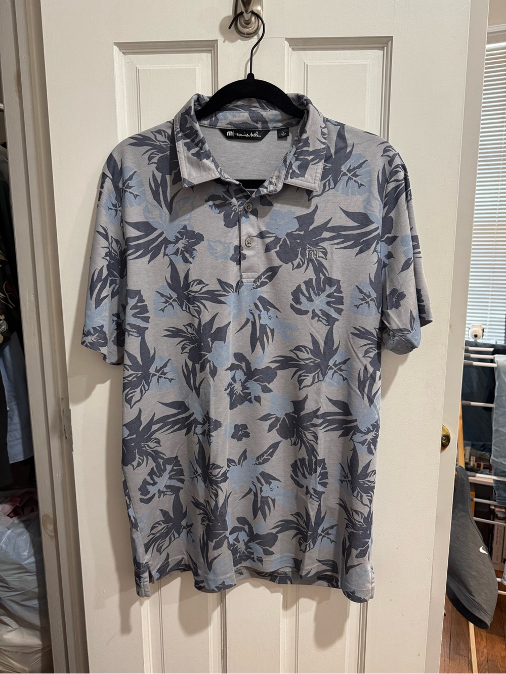 Travis Mathew Floral Polo Shirt - Light Gray with Navy Print